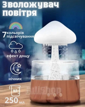 Зволожувач повітря з ефектом дощу підсвіткою RGB у вигляді гриба крапельный RAIN HUMIDIFIER з основою під дерево (білий)