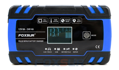 Зарядное устройство для автомобильного аккумулятора Foxsur 12V-24V 8A (подходит на свинцово-кислотные и гелиевые АКБ) Синий FBC122408D