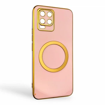 Чохол для Realme 8 глянцевий із захистом камери із золотою окантовкою та кільцем MagSafe пудровий