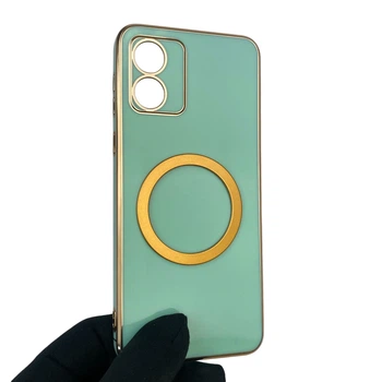 Чехол для Motorola Moto E13 (PAXT0034) глянцевый с защитой камеры с золотой окантовкой и кольцом MagSafe бирюзовый