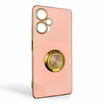 Чехол для Xiaomi POCO F5 глянцевый с защитой камеры с золотой окантовкой с кольцом-подставкой пудровый