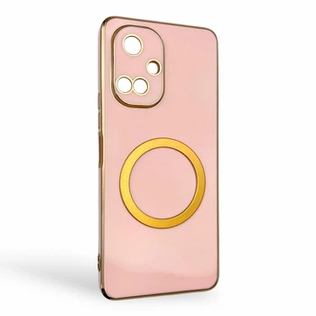 Чехол для Tecno Camon 19 Pro (CI8n) глянцевый с защитой камеры с золотой окантовкой и кольцом MagSafe пудровый