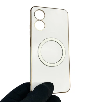 Чехол для OPPO A17k глянцевый с защитой камеры с золотой окантовкой с кольцом MagSafe белый