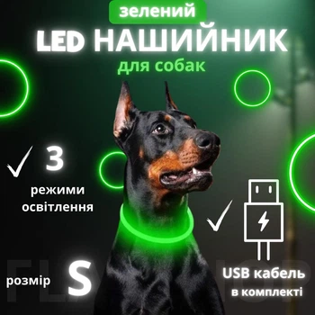 Світлодіодний, водостійкий LED нашийник для собак із зарядкою USB, 35 см, розмір S (зелений)