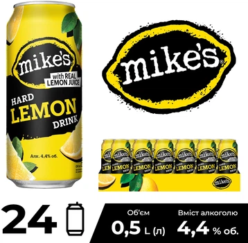 Упаковка пива Lemon Hard Drink Mike's пастеризоване 4.4% 0.5 л х 24 шт (4820034927052)