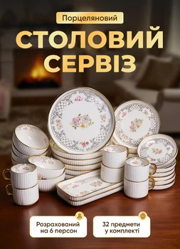 Столовий сервіз на 6 персон набір посуду 32 предмети порцелянові тарілки і чашки посуд для сервірування з золотим кантом