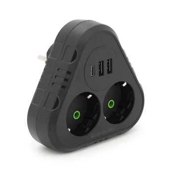 Розетка-трійник із заземленням F203-Black, 2 розетки+2USB+1Type-C, 2500W, 10A, 110-250V~Max, Blister