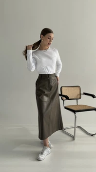 Юбка из экокожи в коричневом цвете S (050-316-502)