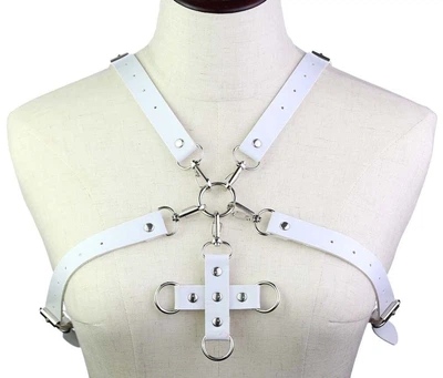 Портупея женская для груди белая из искусственной кожи с фиксатором Womens PU Harness Caged Bra