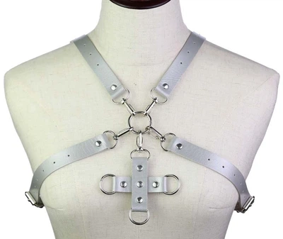 Портупея женская на грудь из искусственной кожи серая Womens PU Harness Caged Bra