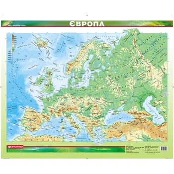 Карта Фізична Європа 44х54см М1: 12 000 000 картон лам укр мова КАРТОГРАФІЯ