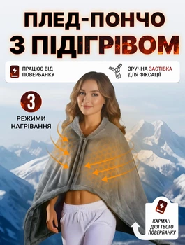 Плед пончо з підігрівом 3 режими нагріву температури USB живленням Powerbank і застібкою еірий електроковдра портативна функція підігріву рук спини ліжка для дачі дому автомобіля та подорожей електроплед електричний від павербанку Remzona BH-01GR