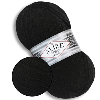 Alize Tig Super Lana, Черный №60 - тонкая пряжа 100 г / 570 м, 25% шерсть, 75% акрил, для свитеров, шарфов, шапок, Супер Лана Тиг