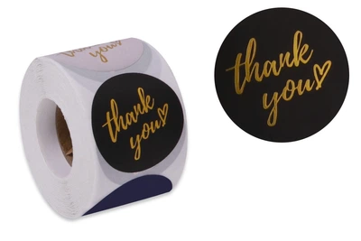 Наклейки стикеры "Thank you" CX18, сине-чёрные, круглые 3.8 см, 500 шт./рулон, самоклеящиеся этикетки для упаковки подарков, скрапбукинга