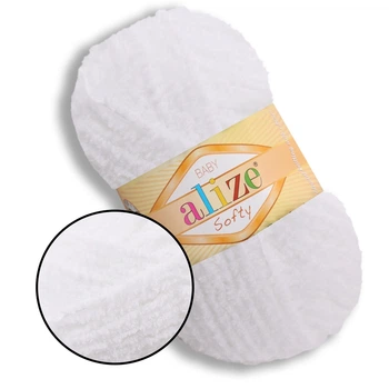 Пряжа для вязания Alize Softy, Белый №55, 100% микрополиэстер, 50 г, 115 м - плюшевая нить для спиц и крючка (игрушки, одежда,пледы)