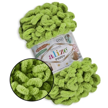 Alize Puffy № 11 Фісташково-зелений, 100г/9м - Алізе Пуффі, плюшева пряжа з готовими петлями для в'язання руками пледів, іграшок та аксесуарів