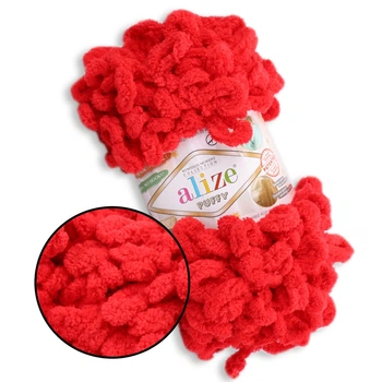 Alize Puffy № 56 Красный, 100г/9м – Ализе Пуффи, плюшевая пряжа с готовыми петлями для вязания руками пледов, игрушек, балаклав, аксессуаров