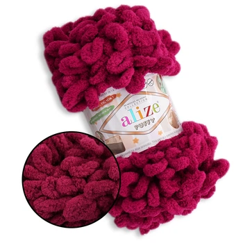 Alize Puffy, Вишневый №107, 100г/9м – Ализе Пуффи, плюшевая пряжа с готовыми петлями для вязания руками пледов, игрушек и аксессуаров