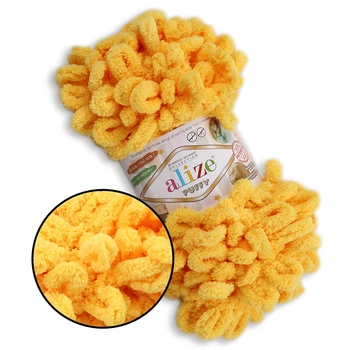 Alize Puffy № 216 Жовтий плюшева пряжа з готовими петлями для в'язання руками пледа, іграшок та балаклави, Алізе Пуффі, Алізе Пуффі нитки з петельками