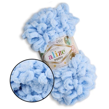 Alize Puffy № 183 Светло-голубой, 100г/9м – Ализе Пуффи, плюшевая пряжа с готовыми петлями для вязания руками пледов, игрушек и аксессуаров