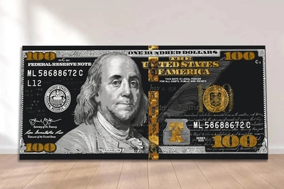 Картина по номерам 40*80 на холсте в офис для мотивации "Gold franklin. Франклин. 100 долларов с золотой краской металлик" Оригами / Origami, набор дл