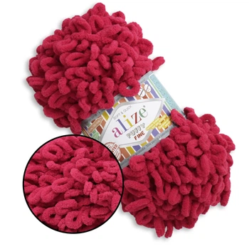 Пряжа Alize Puffy Fine NEW, Червоний №56 плюшева нитка з готовими петлями для в'язання руками пледа іграшок та балаклави, Алізе Пуфі Файн, Пуффі Ализе