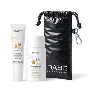 BABE Laboratorios (БАБЕ Лабораторіос) FACE & LIPS SET – Матуючий флюїд для обличчя + Гіалуроновий бальзам для губ + Чохол