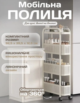 Пластиковая этажерка на колесиках вращающимся на 360°, узкая полочка в ванную или прихожую