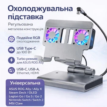 Док-станция MEPATEM с охлаждением для ASUS ROG Ally / X (Турбо режим) / Steam Deck / OLED / Legion Go / Go S / Go 2 / Nintendo Switch / Nintendo Switch 2 / MSI Claw / Xbox Ally, PD 100W