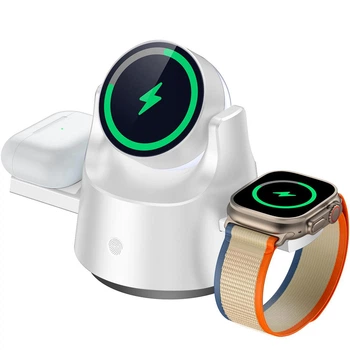 Складная беспроводная зарядная док станция MagSafe 3 в 1 с ночником для iPhone Apple Watch AirPods магнитная зарядка зарядное устройство для айфона смарт-часов наушников Apple White M1-W