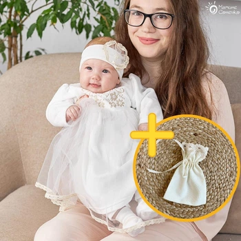 Костюм для крещения девочки с бежевой вышивкой Мамине Сонечко 62 размер Мамин цветочек велюр айвори + мешочек для локона у подарок (арт. 11223-1)