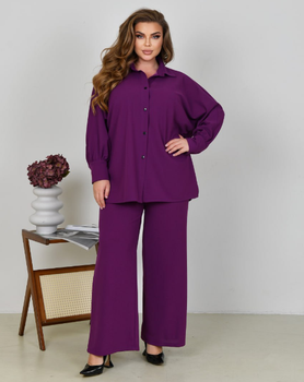 Брючний жіночий костюм великих розмірів із сорочкою та широкими брюками однотонний із креп-стретчу Бузковий, 52/54