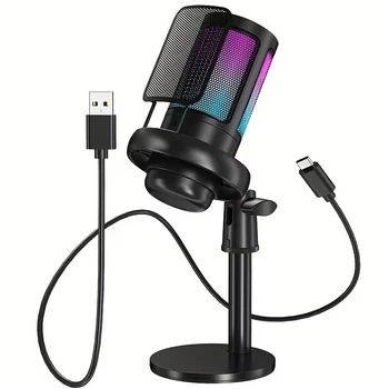 USB-C конденсаторный микрофон с RGB подсветкой | Plug & Play | Mute кнопка и регулятор громкости