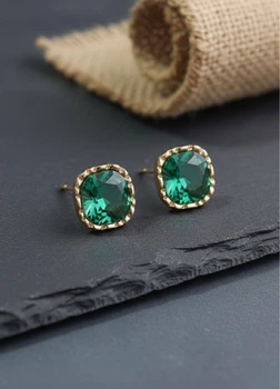 Серьги гвоздики женские с квадратным зеленым камнем Fashion Jewelry Золотистые 18915