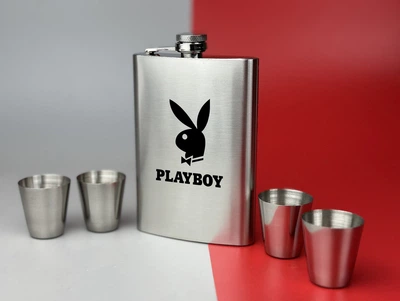 Подарочный набор фляга с гравировкой Playboy и 4 рюмками 270 мл Серебристый
