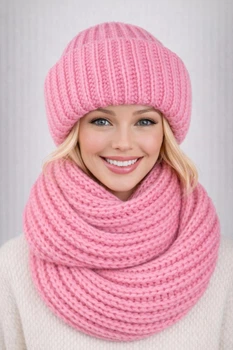 Женский вязаный комплект шапка + хомут Барбара (One-Size) Розовый