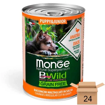 Влажный корм Monge Dog Bwild Grain Free Puppy & Junior беззерновой для щенков и юниоров (утка, тыква и цукини), 400 грамм - 24 шт 70012607-24sht