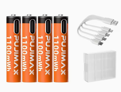 Аккумуляторные батарейки 1100mWh Li-Ion 1.5v AAА мизинчиковые аккумуляторы с зарядкой от USB Type-C Pujimax 4шт