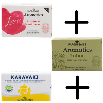 Мило тверде Aromatics Табак 100 г + мило тверде Love Жасмин та Сандалове дерево 100г + ПОДАРУНОК мило тверде Ромашка 125г