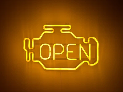 Неоновая вывеска Check engine open 400x240 Желтый