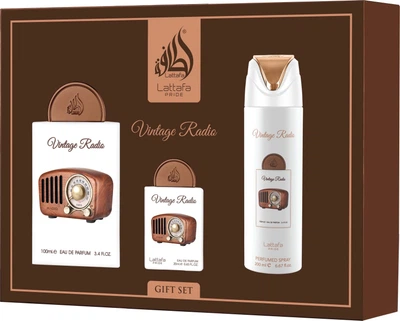 Zestaw unisex Lattafa Vintage Radio Woda perfumowana 100 ml + Miniaturka Woda perfumowana 20 ml + Dezodorant w sprayu 200 ml (6290362346593)