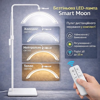 Безтіньова LED-лампа підлогова півмісяць для мастера Smart MOON Light HD-M6X 24", 36Вт, з тримачем для телефону та пультом, складана, Біла