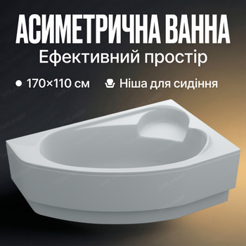 Ванна Swan Leoni R 170x110 см правая угловая с сиденьем 45 см глубина для дома квартиры хостела ножки + экран