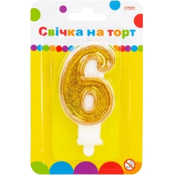 Свічка Maxi золотиста двостороння з блискітками "6", 7,62 см, на торт (MX622083-6)