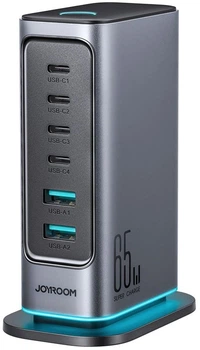 Ładowarka biurkowa JOYROOM JR-TCM02 GaN 65 W 4 x USB-C + 2 x USB-A UK plug  Black-Grey (6956116795535)
