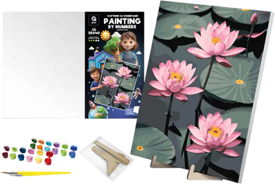 Zestaw do malowania po numerach qbee Delikatne lotosy z drewnianą podstawką 30x40 cm (900-063)