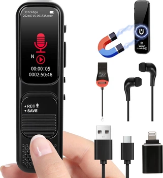 Диктофон на 64 ГБ ZOOAOXO Bluetooth - профессиональный портативный мини-цифровой диктофон с голосовой активацией, 3072 кбит/с, аудиозапись для звонков, встреч, уроков, собеседований (черный)