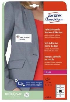 Samoprzylepne etykiety imienne Avery Laser 80×50 mm Białe 200 szt L4787-20 (4004182074855)