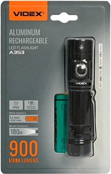 Фонарь ручной Videx A353, черный, 900 Лм, 5000K, до 180 м, 4 режима работы, линзы из закаленного стекла, светодиод Luminus SST40