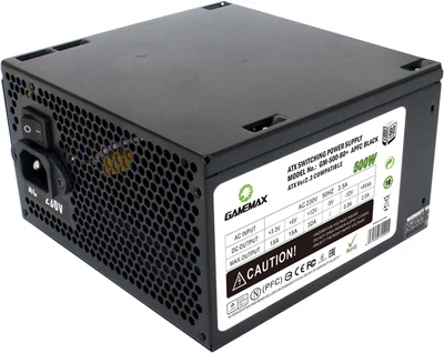 Блок живлення 500 Вт, GameMax GM-500 80+ APFC, чорний, 12 см, 3xSATA/1x6+2pin/1x4+4-pin/1x20+4-pin, ATX, захист